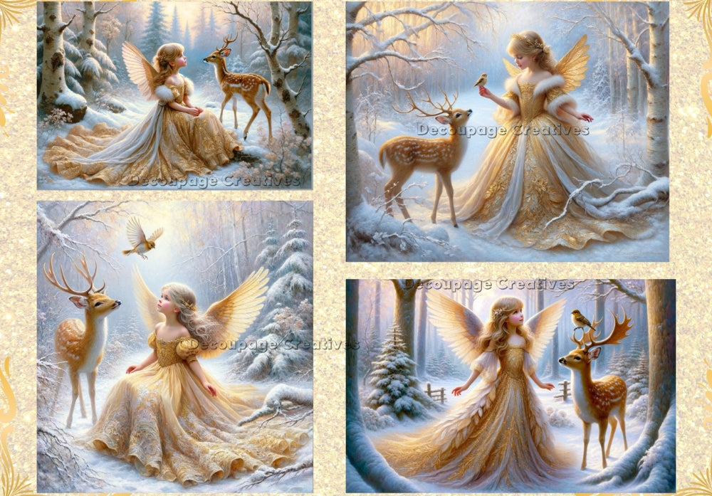 Angel in gold dress in snowy forest with birds and deer. Decoupage Paper Designs A4 rice paper.