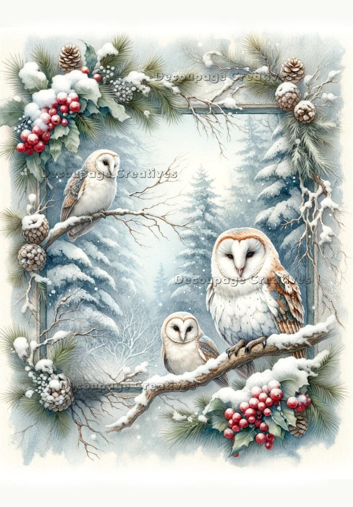 Three white owls in snowy forest. Decoupage Paper Designs A4 rice paper.