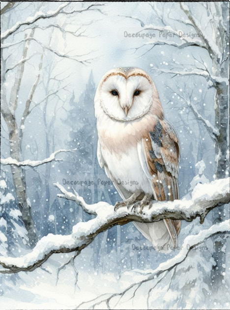 White owl on branch in snowy forest. Decoupage Paper Designs A4 rice paper.