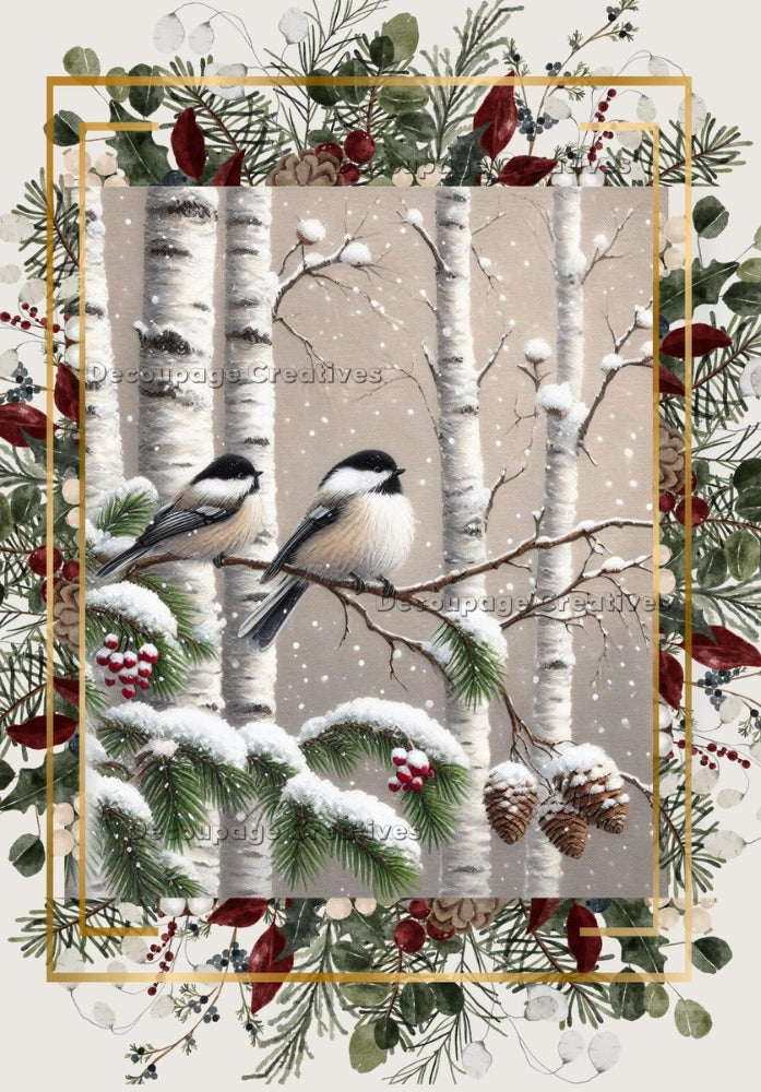 2 Chickadee birds on branch. Christmas florals. Decoupage Paper Designs A4 rice paper.