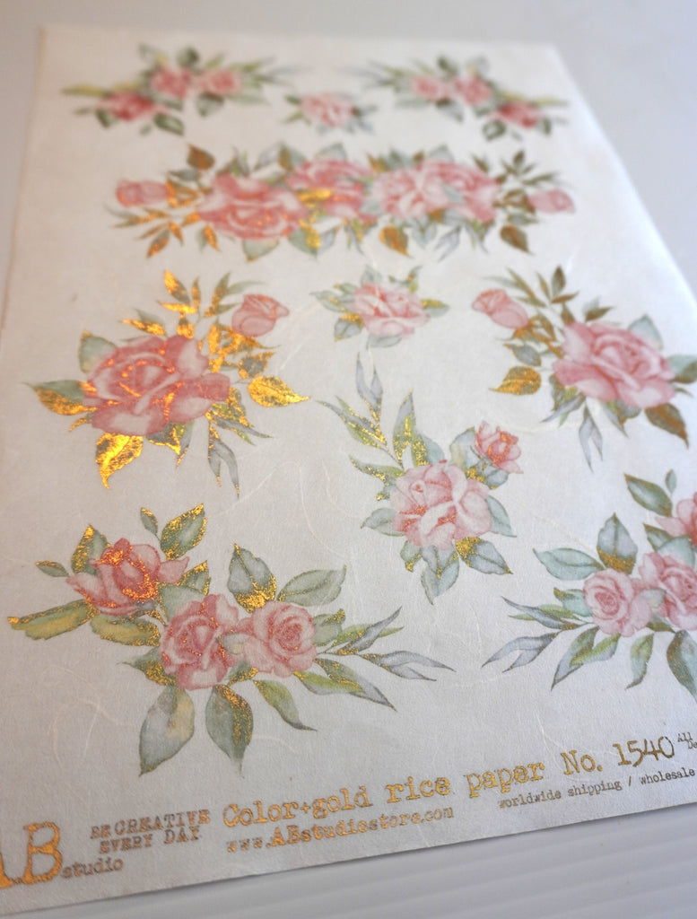 gilded pink roses with green leaves AB Studio Rice Papers