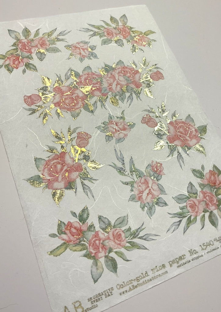 gilded pink roses with green leaves AB Studio Rice Papers
