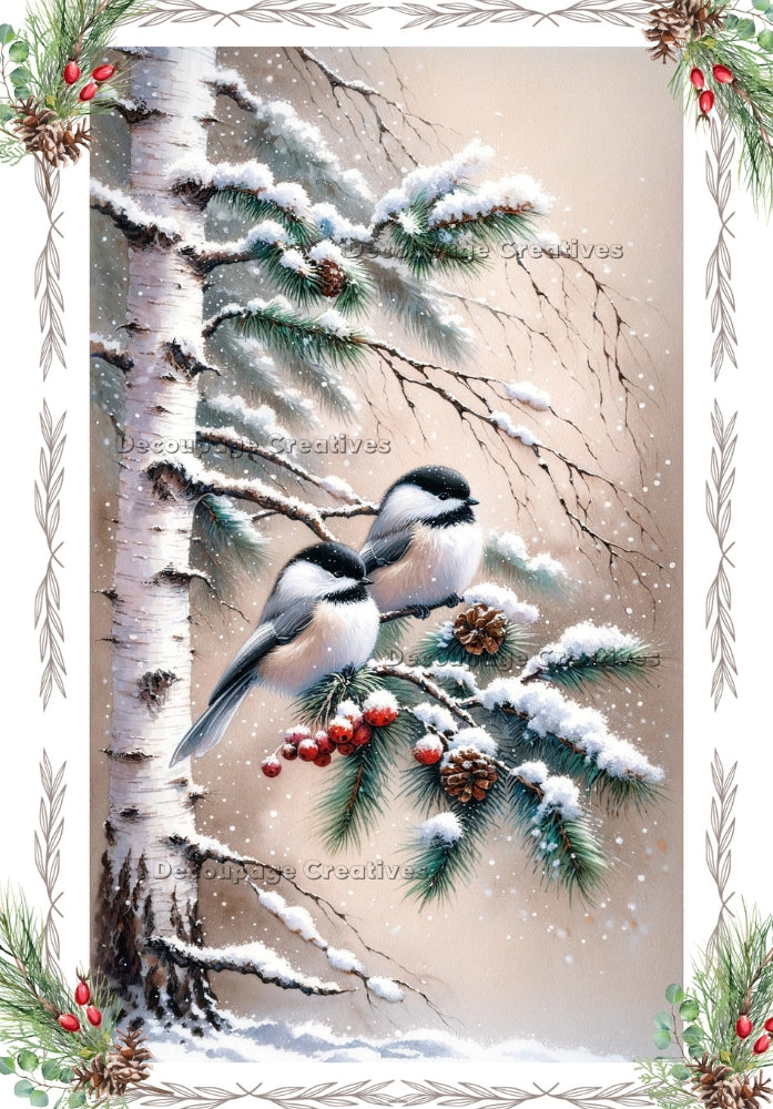 Pair of chickadee birds on branch with pine and berries. Decoupage Paper Designs A4 rice paper.