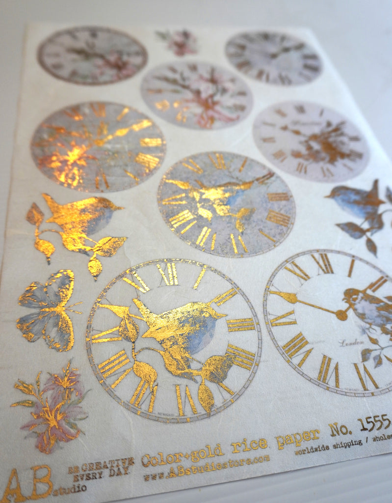 gilded clocks with blue birds and butterflies AB Studio Rice Papers