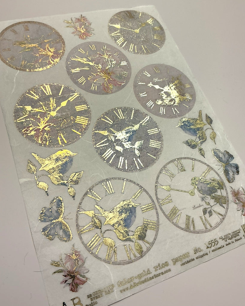 gilded clocks with blue birds and butterflies AB Studio Rice Papers