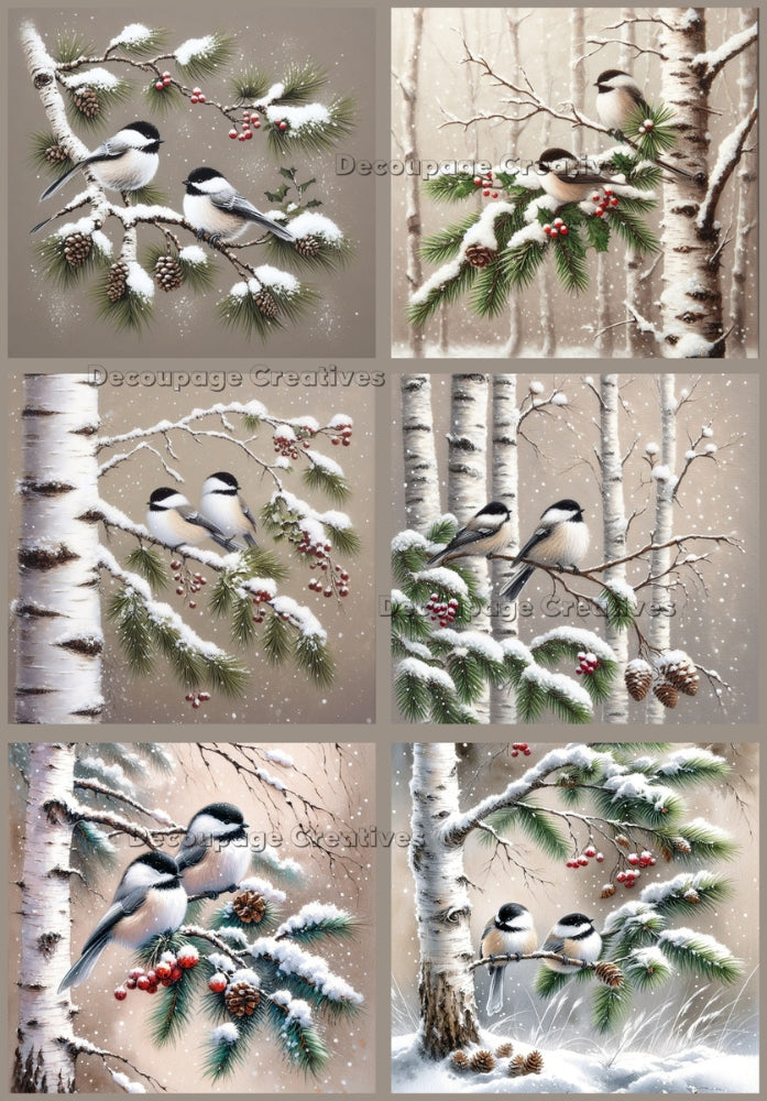 Collage of 6 scenes of black white chickadee birds on branches with pine and berries. Decoupage Paper Designs A4 rice paper.