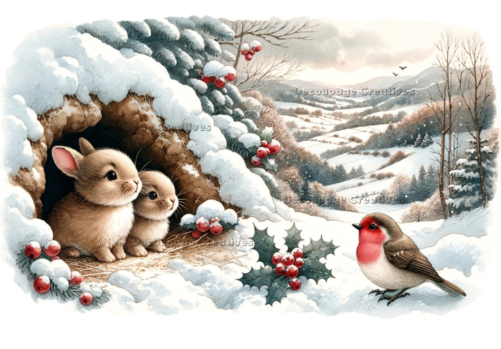 Two bunnies and a robin in snow overlooking valley. Decoupage Paper Designs A4 rice paper.