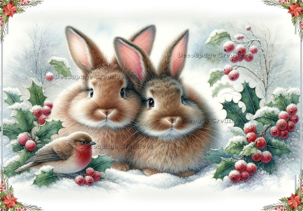 Two cuddling bunnies in snow with a robin, pine and berries. Decoupage Paper Designs A4 rice paper.