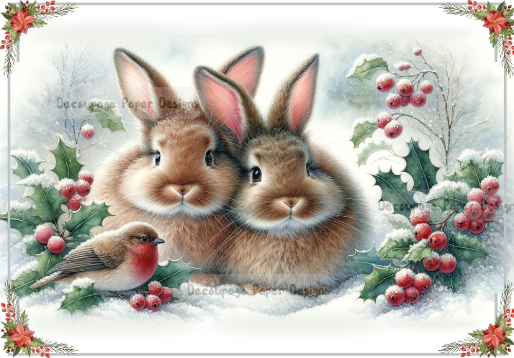 Two cuddling bunnies in snow with a robin, pine and berries. Decoupage Paper Designs A4 rice paper.