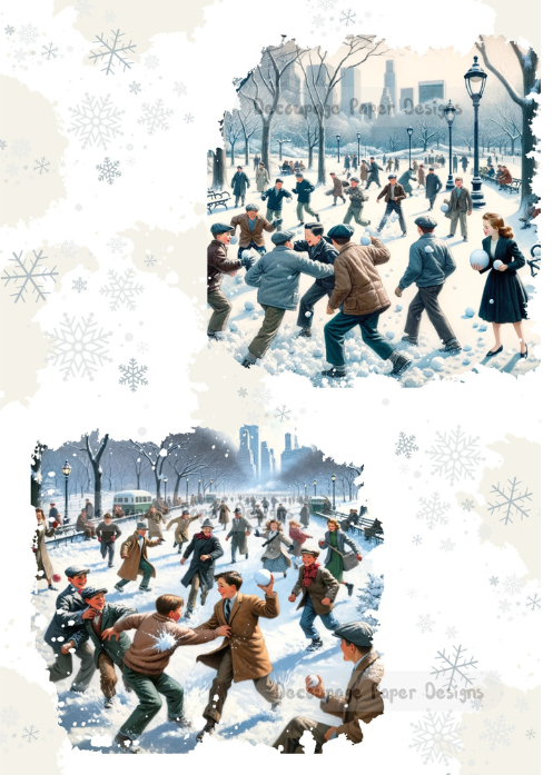 Two scenes of vintage 1950's kids throwing snowballs in city park. Decoupage Paper Designs A4 rice paper.