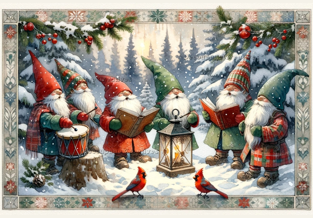 Six gnomes in snow, singing, playing drums in winter forest. Decoupage Paper Designs A4 rice paper.