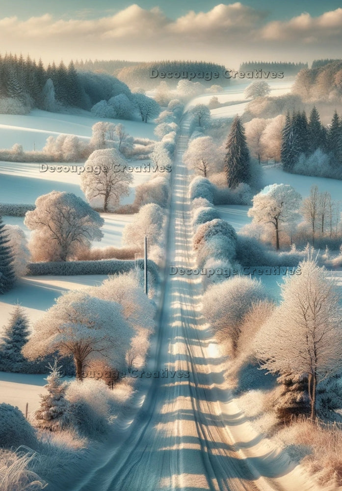 Aerial view of snow covered country road. Decoupage Paper Designs A4 rice paper.