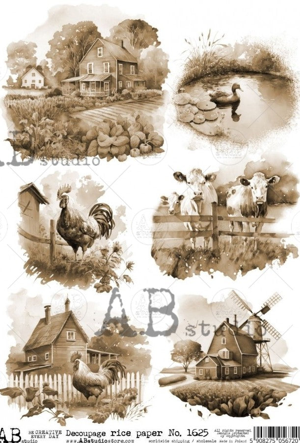 grayscale farm scenes of chickens, ducks, cows windmill and house AB Studio Rice Papers