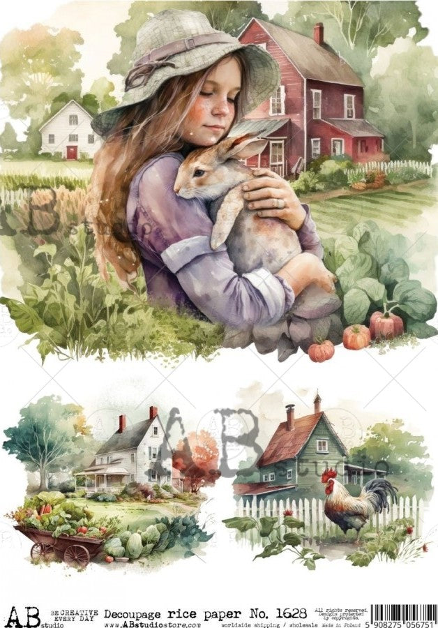 young girl in purple dress and hat on farm with bunny and garden scenes AB Studio Rice Papers
