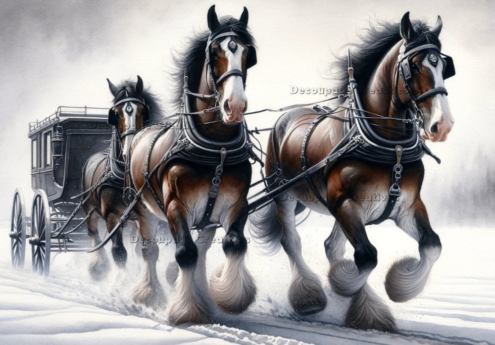 Two brown Clydesdale horses pulling gray wagon in snow. Decoupage Paper Designs A4 rice paper.