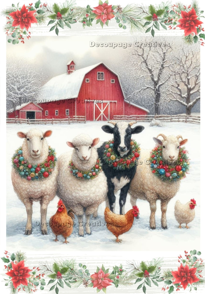 Red barn with sheep, goat and cow wearing Christmas wreaths, in snow. Decoupage Paper Designs A4 rice paper.