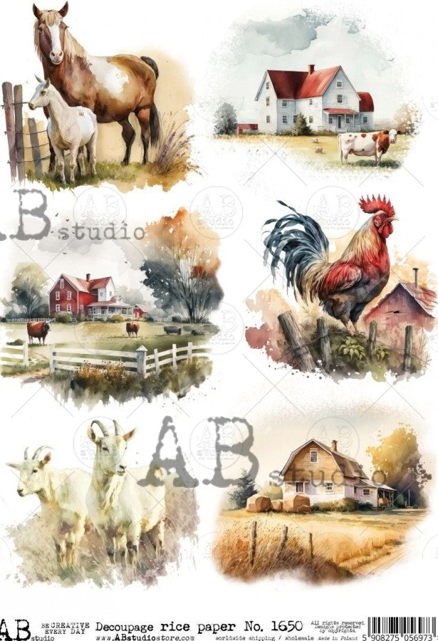 farm scenes with horses, cows, farmhouses with red roof, colorful rooster and goats AB Studio Rice Papers