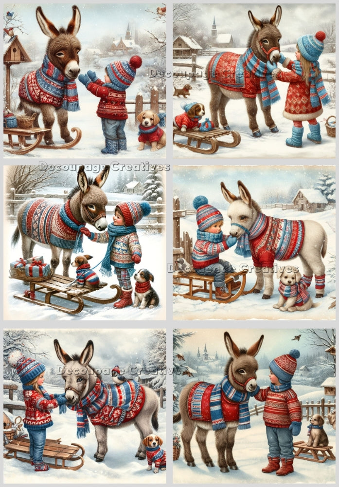 Six scenes of children in snow and scarves with donkey and dog on sled. Decoupage Paper Designs A4 rice paper.