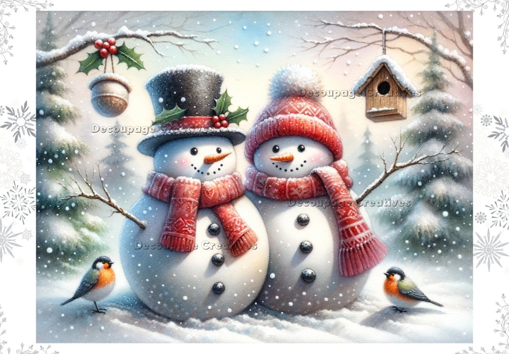 Two snowmen in scarves with birds and birdhouses. Decoupage Paper Designs A4 rice paper.