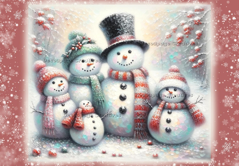 Four snowmen in red scarves in snowy forest. Decoupage Paper Designs A4 rice paper.