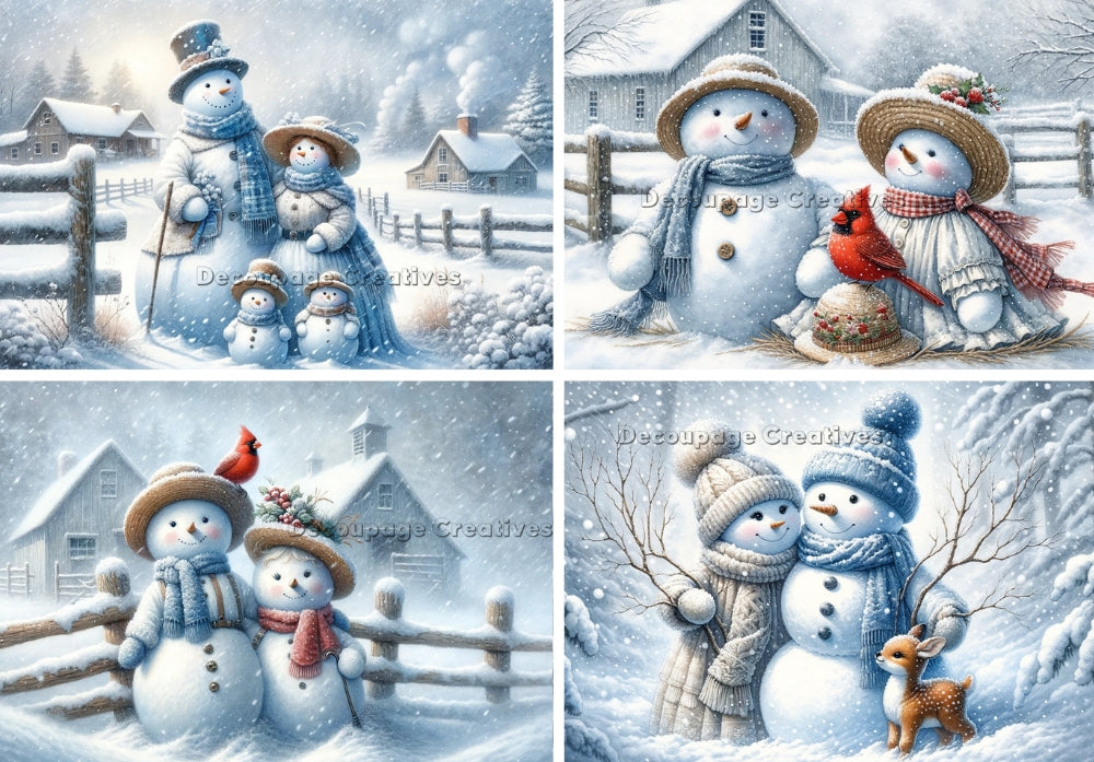 Four scenes of two snowmen in scarves on snowy farm. Decoupage Paper Designs A4 rice paper.