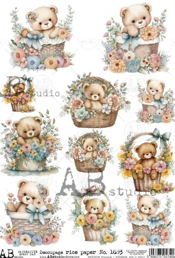 teddy bears in baskets with colorful blossoms AB Studio Rice Papers