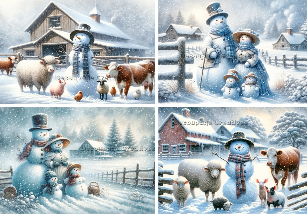 Four scenes of snowman on country farm with animals in snow. Decoupage Paper Designs A4 rice paper.