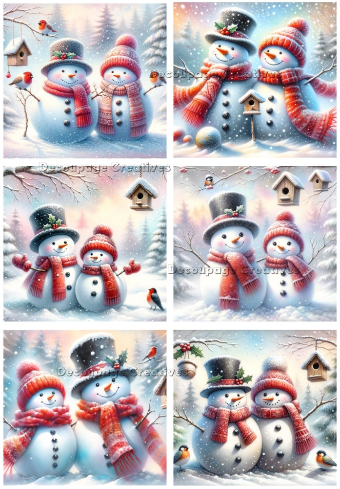 Four scenes of two snowmen with red scarves. Snow and birds surround them. Decoupage Paper Designs A4 rice paper.