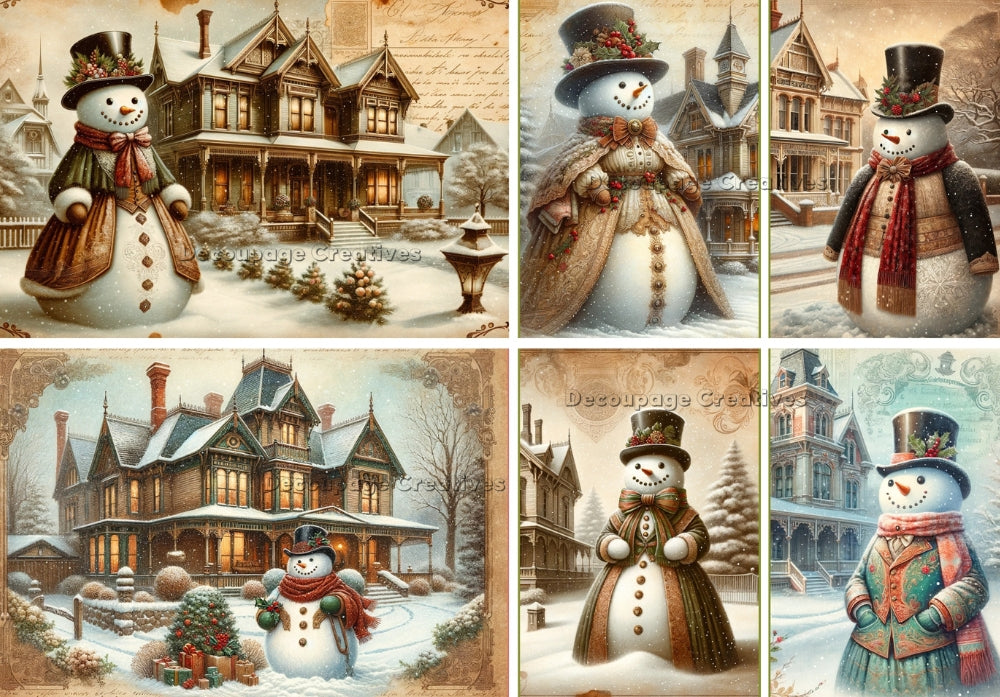 Vintage snowman, six images. Vintage home in background. Decoupage Paper Designs A4 rice paper.