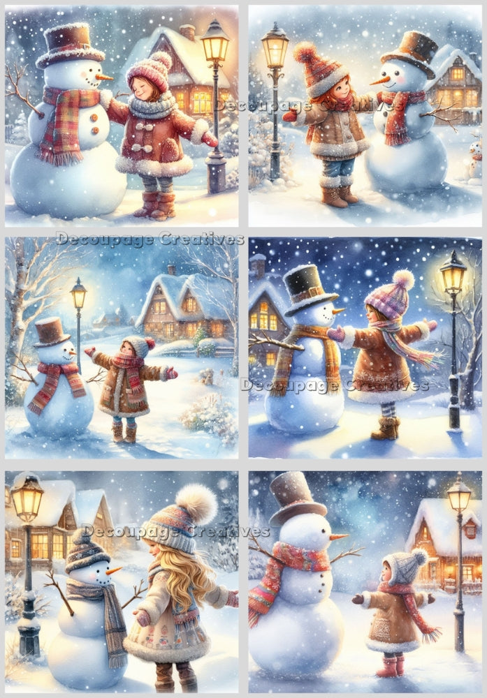 Six scenes of girl hugging snowman in the evening hour. House in background. Decoupage Paper Designs A4 rice paper.