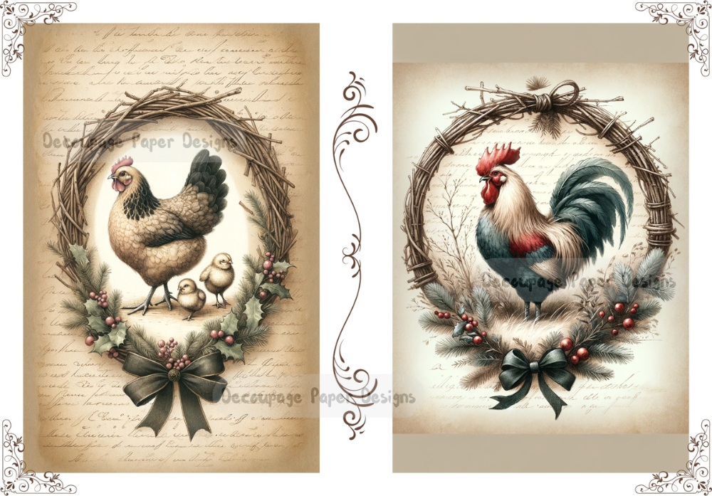Two roosters in sparse wreath of twigs. Adorned for Christmas. Decoupage Paper Designs A4 rice paper.