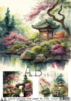 japanese garden on reflecting pond in the spring AB Studio Rice Papers
