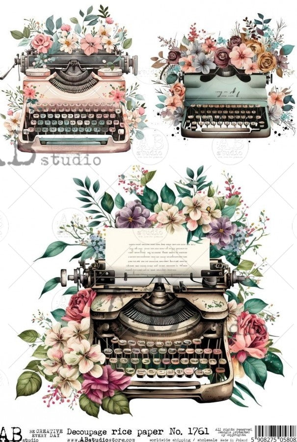 vintage typewriters with wild flower blossoms AB Studio Rice Papers