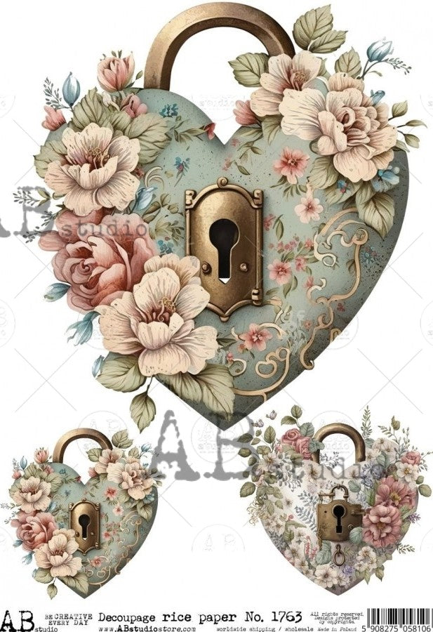 a blue lock with vintage pink and ivory blooms AB Studio Rice Papers