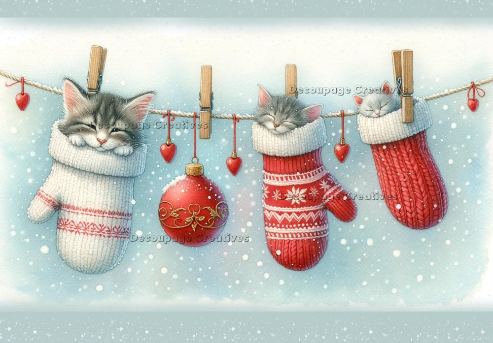 Three cats in red gloves hanging from clothesline. Decoupage Paper Designs A4 rice paper.