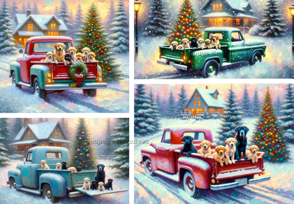 Four twilight scenes of vintage 1940's trucks with dogs. Snow scene on farm. Decoupage Paper Designs A4 rice paper.