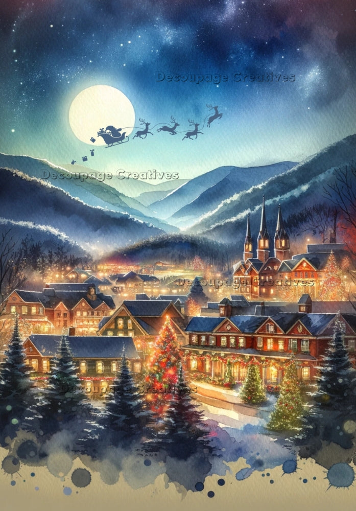 Night scene of vintage town with santa and reindeer over the moon. Decoupage Paper Designs A4 rice paper.