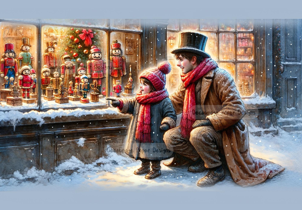 Vintage city scene of child and father at toy shop. Decoupage Paper Designs A4 rice paper.