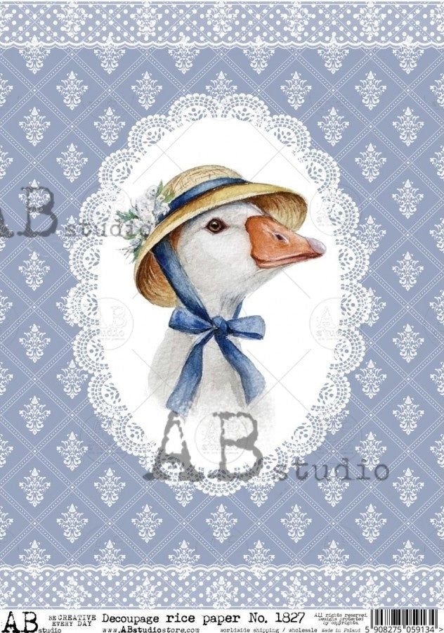 white goose in vintage hat with blue ribbon AB Studio Rice Papers