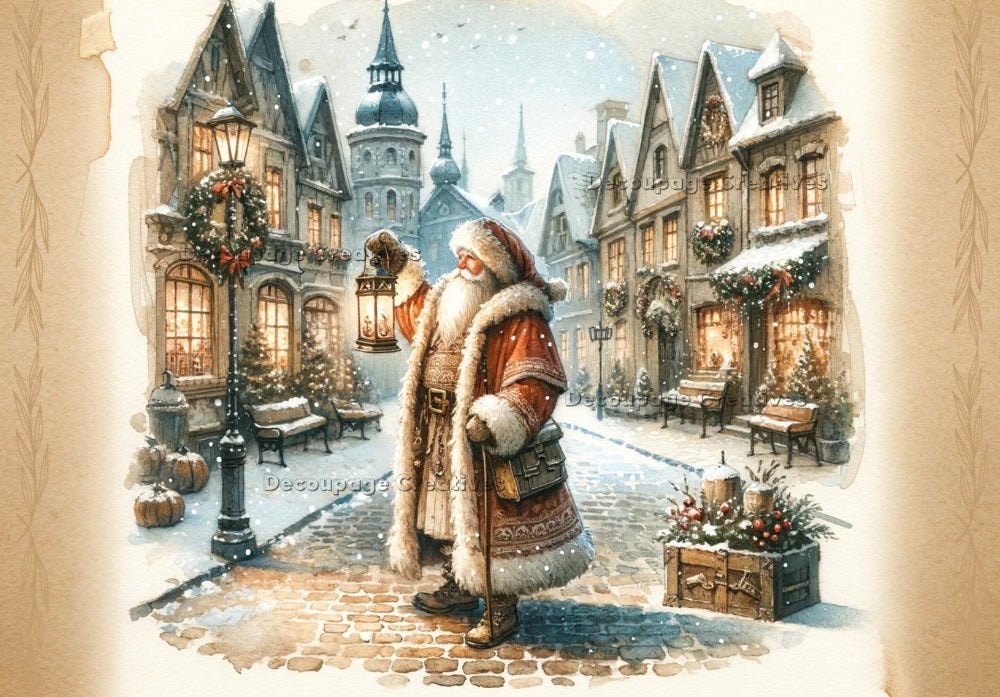 Vintage Santa in victorian city holding lantern in street. Decoupage Paper Designs A4 rice paper.