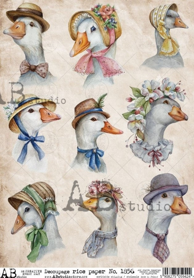 white geese in vintage hats AB Studio Rice Papers
