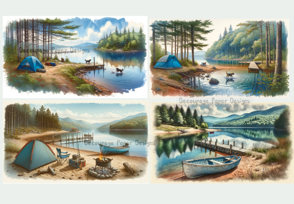Lake scenes with canoe and tent with dogs. Decoupage Paper Designs A4 rice paper.
