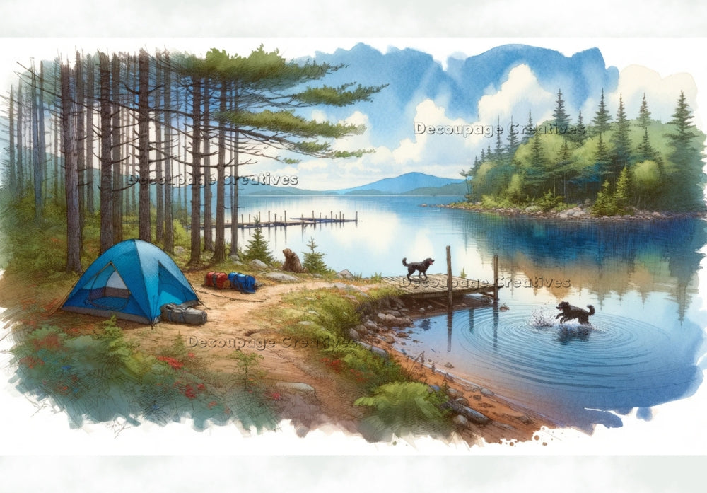 Tent by lake with dogs and dock. Mountain scene and blue water. Decoupage Paper Designs A4 rice paper.