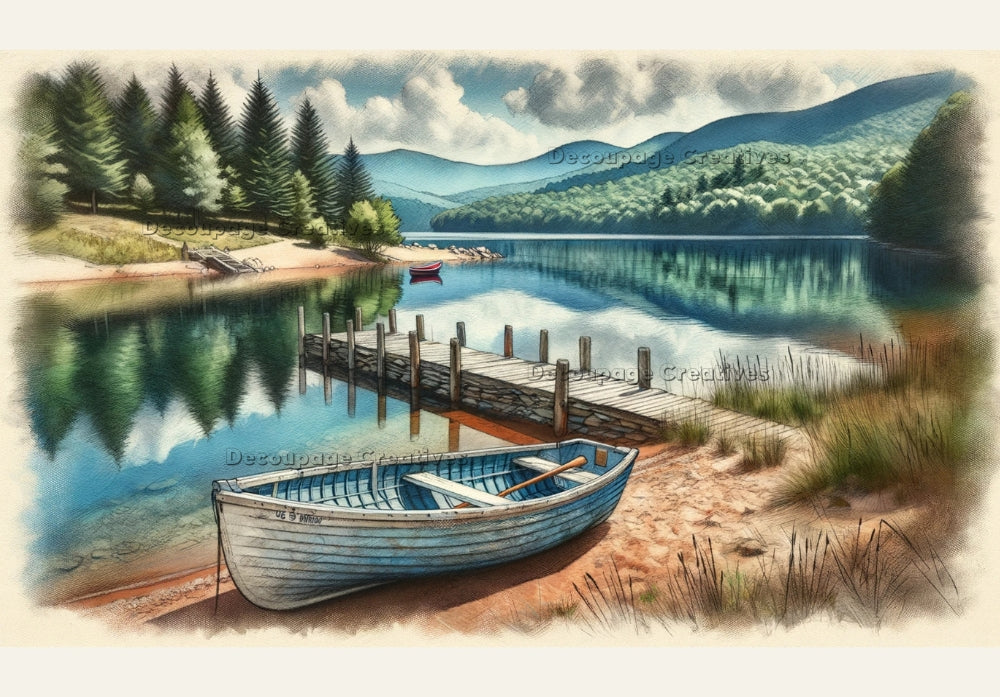 Serene blue mountain lake with grey canoe. Decoupage Paper Designs A4 rice paper.