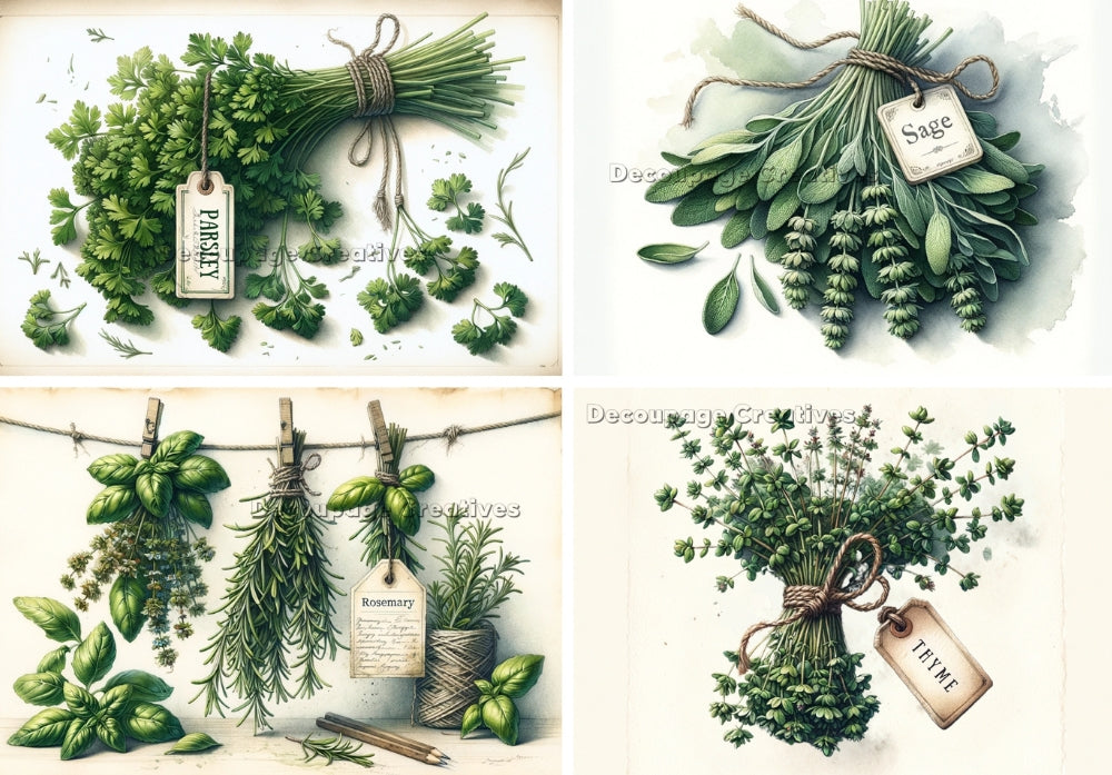Four scenes of herbs - parsley, sage, rosemary and thyme. Decoupage Paper Designs A4 rice paper.