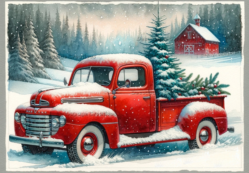 Red 1940's dodge truck with Christmas tree. Winter farm scene with snow. Decoupage Paper Designs A4 rice paper.