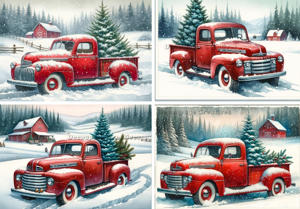 Four scenes of 1940's red Dodge truck in snow on farm. Decoupage Paper Designs A4 rice paper.