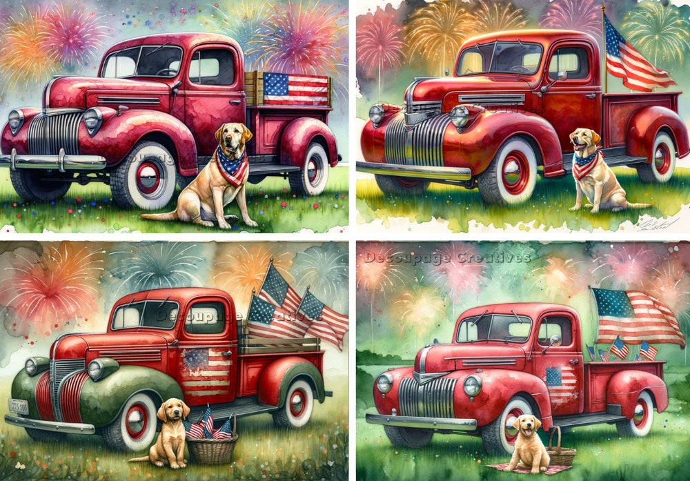 Four scenes of vintage red truck with dogs at July 4th fireworks. Decoupage Paper Designs A4 rice paper.