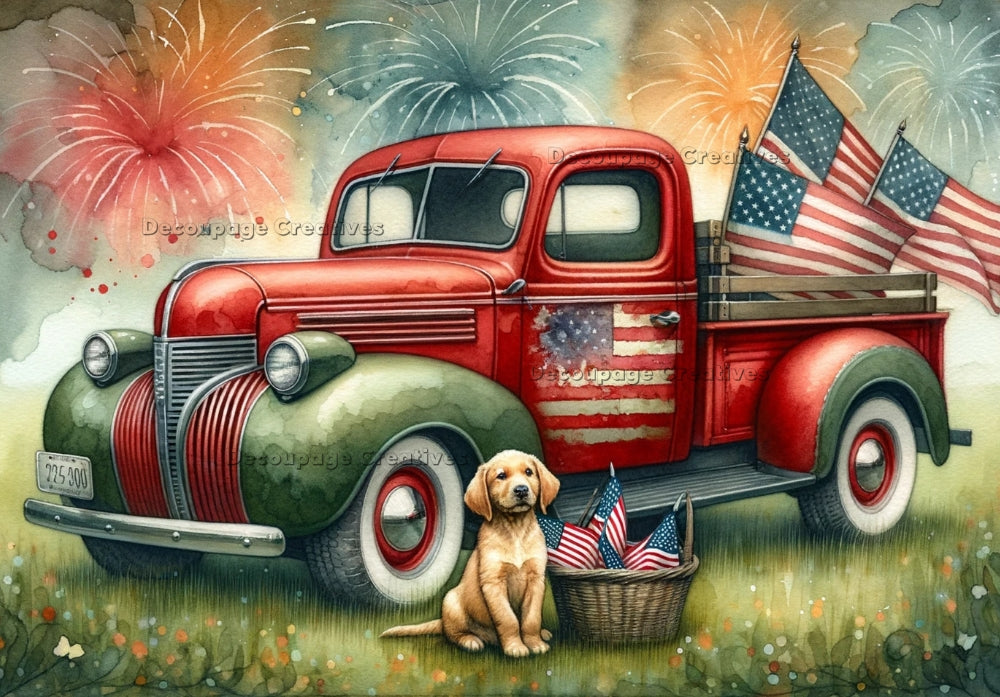 Red truck carrying American flags. Blonde labrador dog and fireworks. Decoupage Paper Designs A4 rice paper.