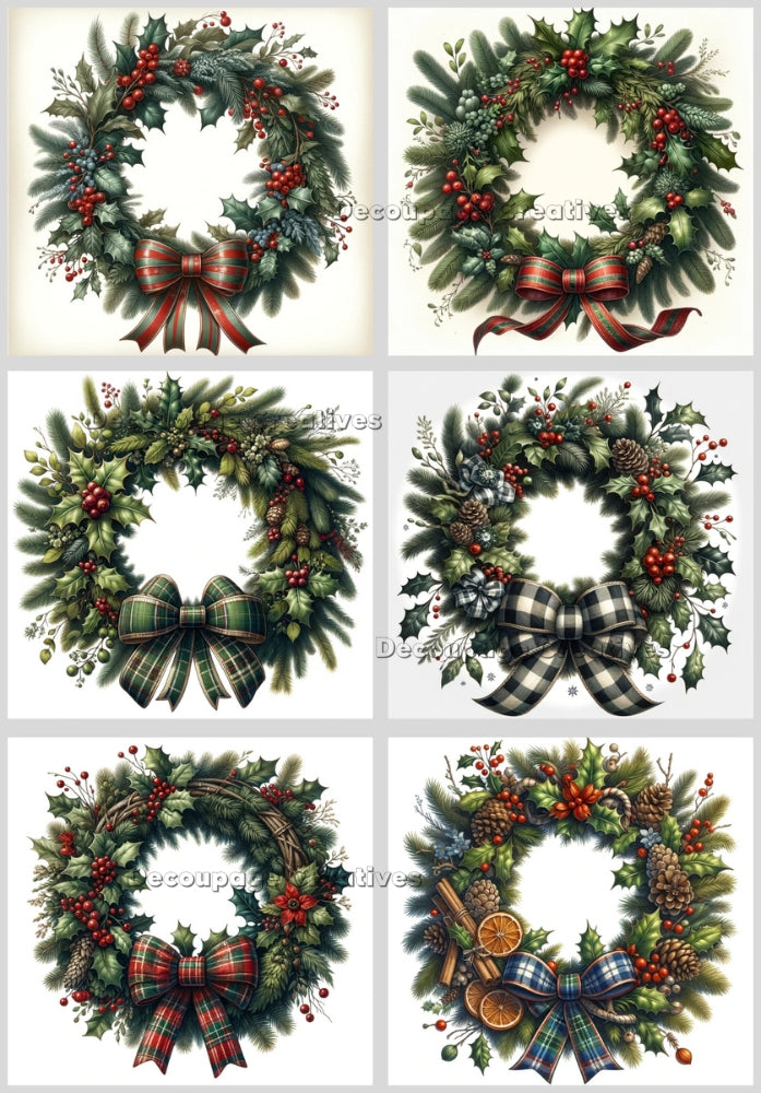 Six holiday wreaths with bows. Decoupage Paper Designs A4 rice paper.